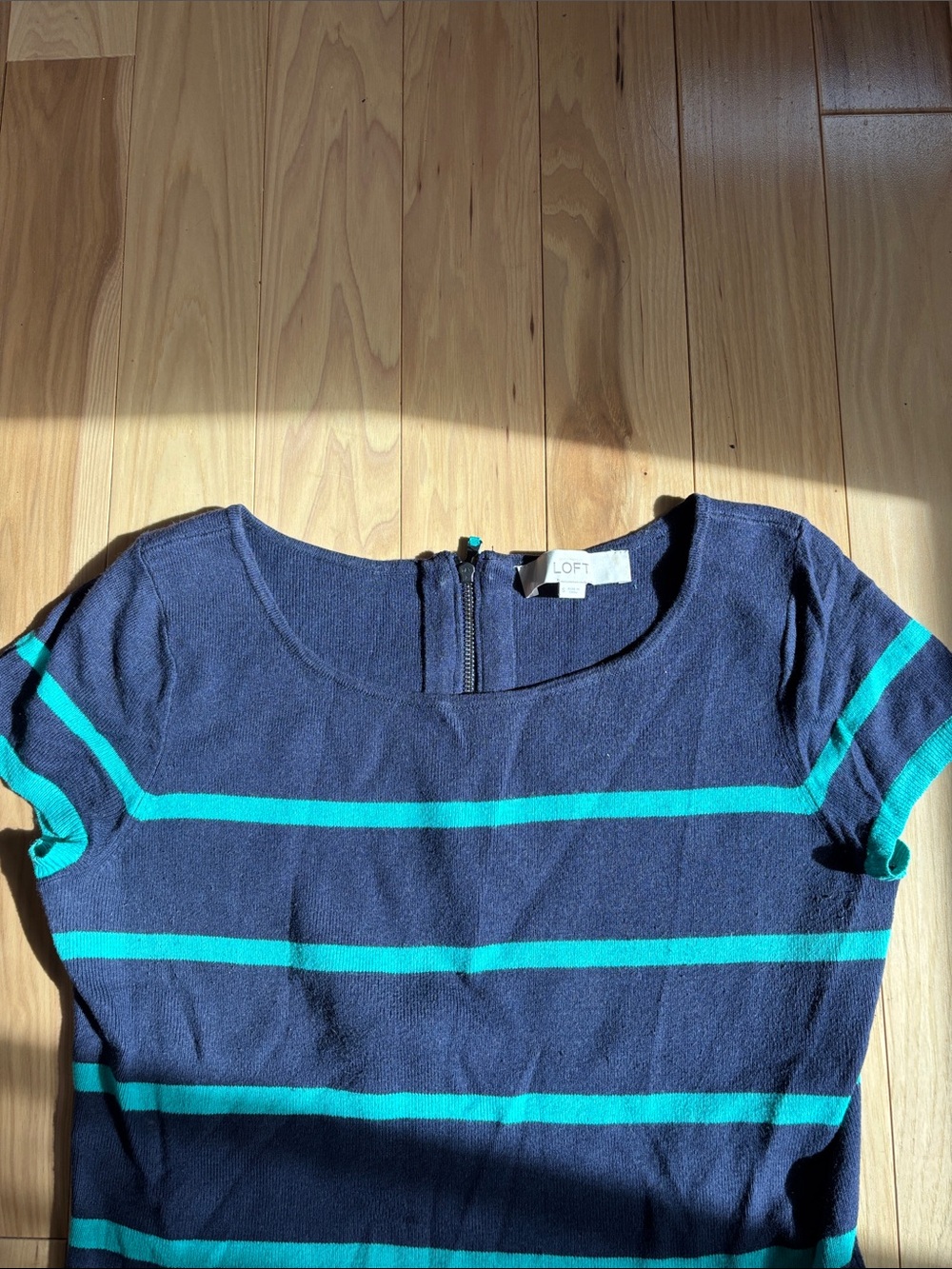 LOFT Navy short sleeve sweater with Teal Stripes slight peplum bottom